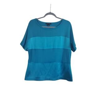 St. John Teal Blue Viscose Satin Jersey Short Sleeve Shirt Blouse, Size Medium